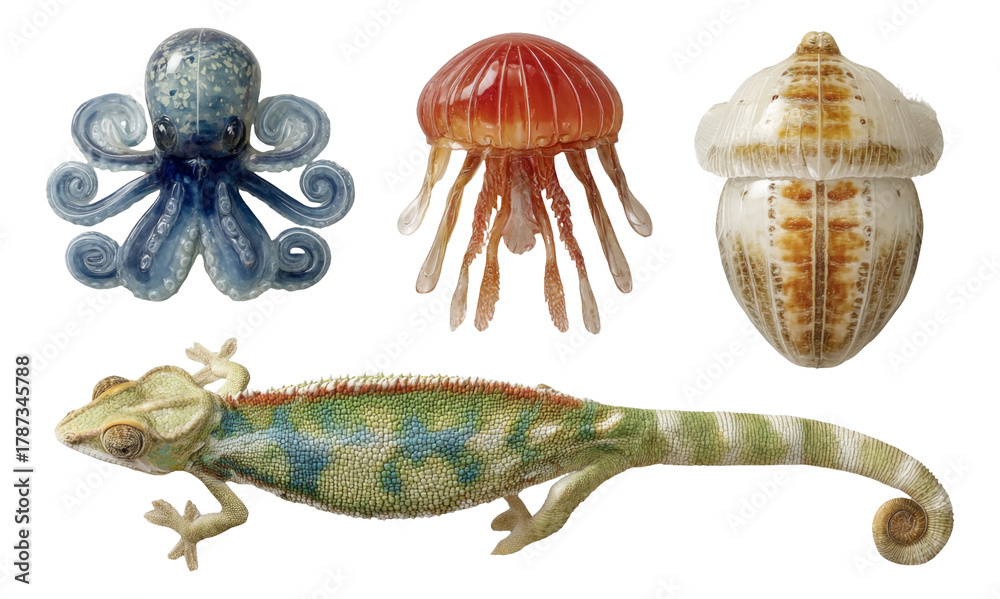 Obraz premium Detailed Illustration of Various Marine and Terrestrial Creatures on Transparent Background