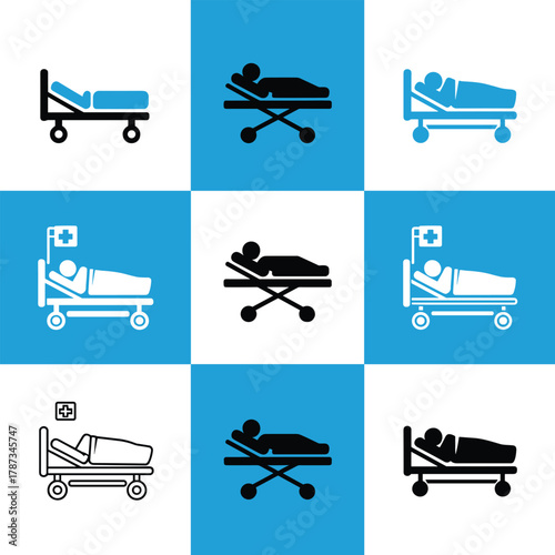Medical bed icons with patient silhouette and blue white checkerboard background stretcher