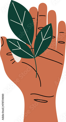 Open human hand tenderly holding a green plant branch with three leaves, a vector illustration symbolizing nature