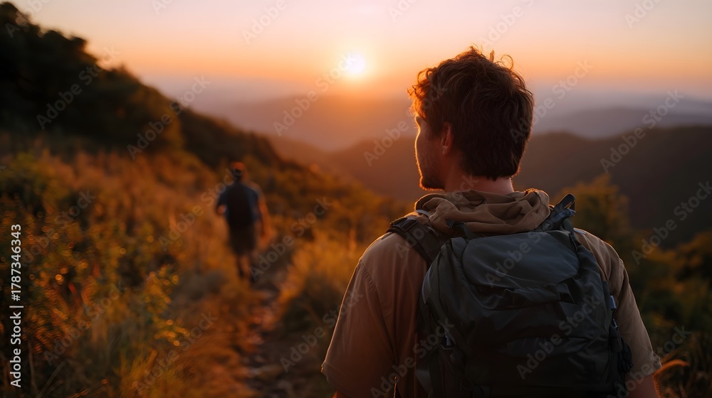 Obraz premium Hikers explore a mountain trail at sunset bathed in golden light