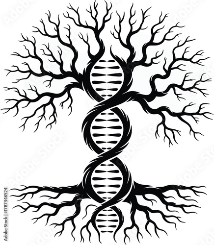 Black D N A double helix intertwined with tree branches and roots genetics science