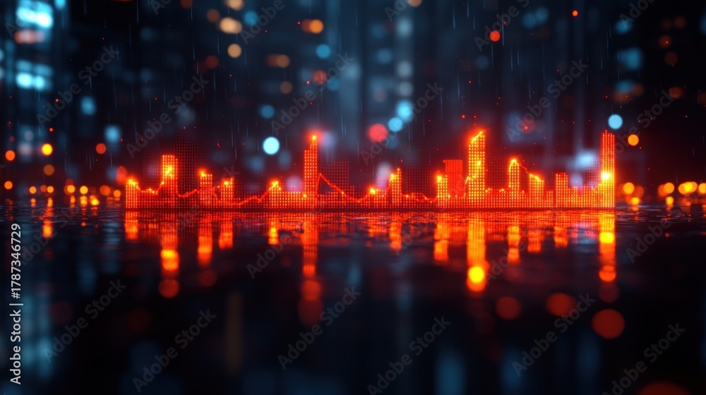 Fototapeta premium Neon city skyline reflected in wet pavement, rain, abstract, futuristic