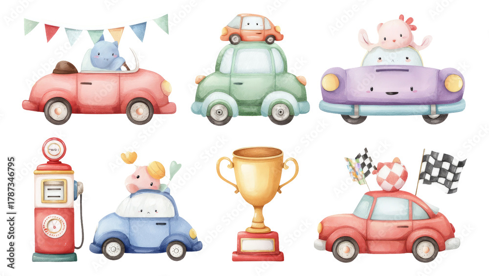 Naklejka premium Colorful Cartoon Cars and Fun Elements for Kids in Playful Style
