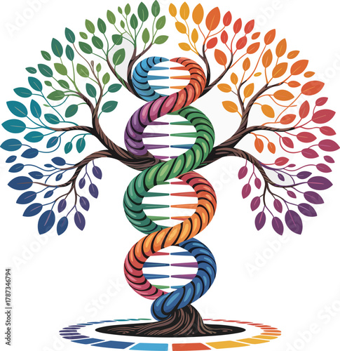 Tree of life with rainbow D N A helix and colorful leaves genetics