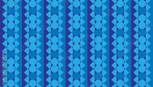 Modern seamless design in layered blue hues, combining rounded and faceted forms in a rhythmic layout