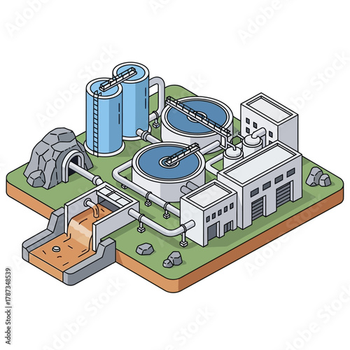 Isometric wastewater treatment plant with purification process.