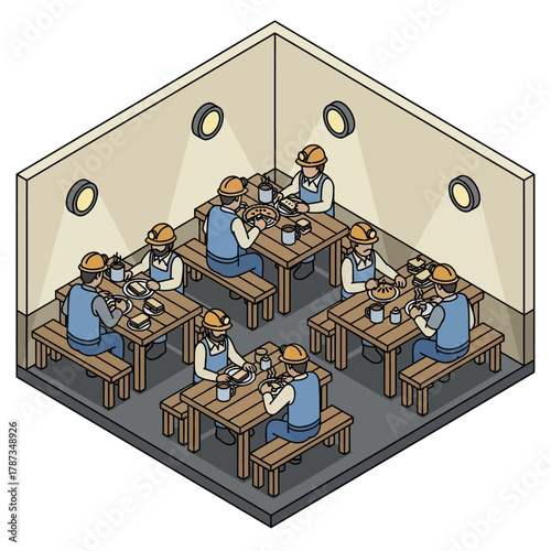 Miners eating lunch in an underground break room.