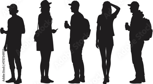 Black Silhouette Vector Set of Young Casual People with Drinks and Backpacks, Illustrating Travel, Festival, Students, Tourists, and Urban Leisure Activities.