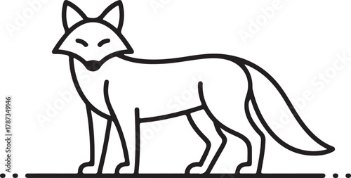 Fox vector outline illustration depicting a standing wild animal with a slender body and bushy tail