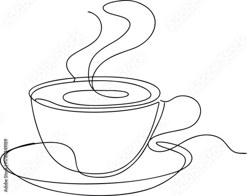Single line drawing of a steaming coffee cup and saucer