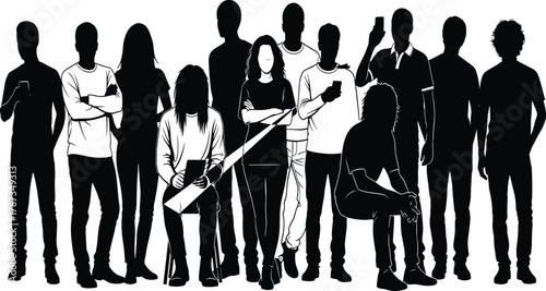 Diverse group of young people silhouettes standing and sitting, engaged with mobile smartphones, representing connection, social media, technology, and youth culture in a modern, stylish illustration.