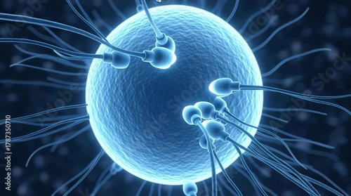 Numerous sperm cells surrounding a large, glowing blue egg cell.
