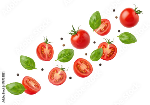 Wallpaper Mural Fresh tomatoes and basil leaves falling with pepper corns transparent background cutout png Torontodigital.ca