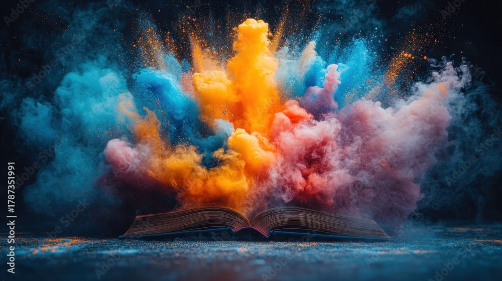 Fototapeta premium Open book erupts in colorful powder