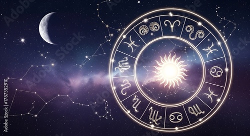 Cosmic zodiac wheel under crescent moon and starry sky illustration for astrology concepts
