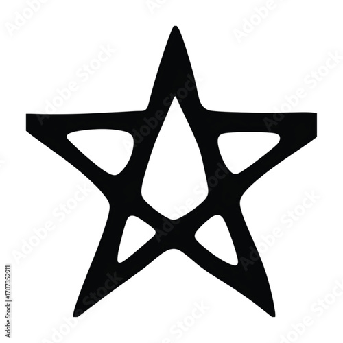 Stylized black five-pointed star with a hollow center on a white background.