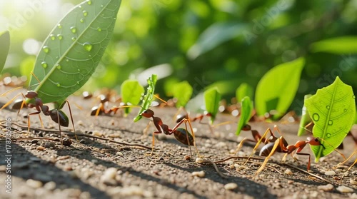 Line of leafcutter ants carrying pieces of green leaves in sunlight.