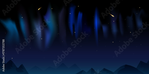 Aurora Borealis night sky with blue gradient lights, glowing stars, and mountain silhouettes. Arctic Circle. An atmospheric phenomenon of the North Pole. Posters, Banner, Digital design, backgrounds