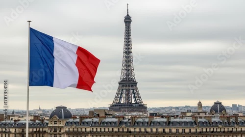 The French flag waving in the foreground against a view of the Paris skyline, featuring the Eiffel Tower and the Dôme des Invalides under a cloudy sky.