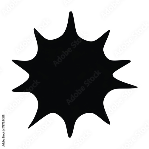 Black starburst shape with irregular points on a white background.