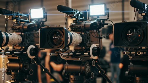 A line of professional video cameras on tripods, illuminated by warm production lights, ready for filming.