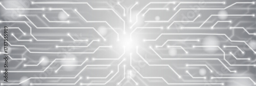 Futuristic high tech circuit pattern on grey background. Vector realistic illustration of neon white semiconductor lines connection, communication or information technology presentation template