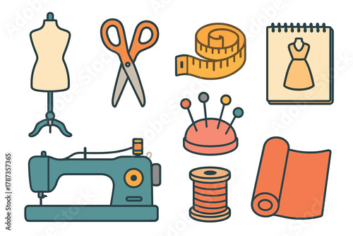 Tools and materials for sewing and crafting with creativity. Set of 6 Christmas vector illustration