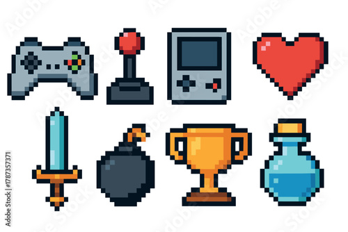Pixel art collection of gaming icons for retro enthusiasts. Set of 6 Christmas vector illustration