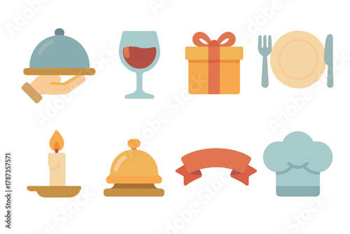 Dining experience icons for restaurant menus and events. Set of 6 Christmas vector illustration