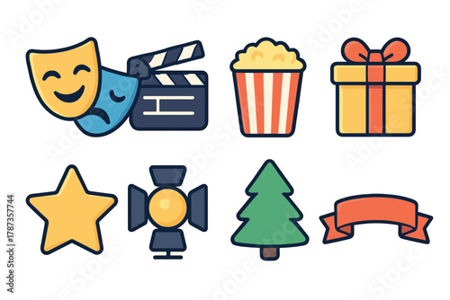 Movie night celebration with decorations and gifts for enjoyment. Set of 6 Christmas vector illustration