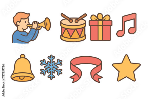 Celebration theme featuring holiday music and festive symbols. Set of 6 Christmas vector illustration