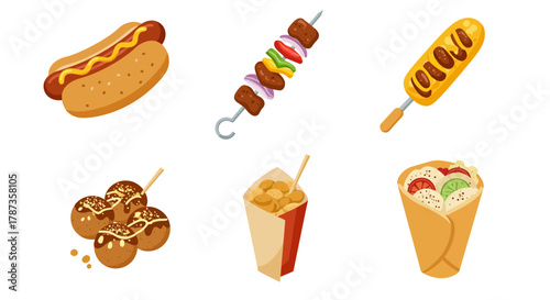 Collection of delicious street food items including hot dog kebab and wrap.
