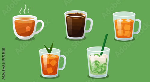 Collection of Five Refreshing Beverages in Glass Cups.
