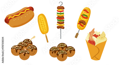 Collection of popular street food items including hot dogs corn dogs and ice cream.
