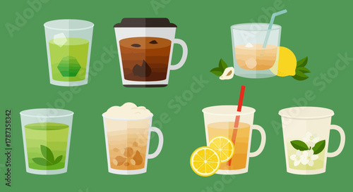 Collection of Refreshing Beverages and Drinks in Glasses.