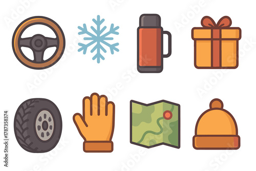 Winter essentials for cozy road trips and holiday adventures. Set of 6 Christmas vector illustration