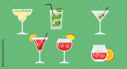 Collection of Refreshing Cocktails and Drinks on Green Background.