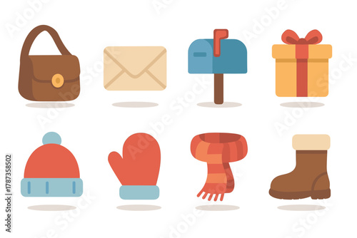 Cozy winter accessories and festive elements for seasonal design. Set of 6 Christmas vector illustration