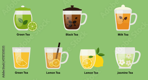 Collection of Various Refreshing Tea Drinks and Beverages.