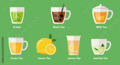 Collection of Various Types of Tea Drinks in Glasses and Cups.