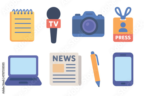 Media tools for journalism and reporting in modern news. Set of 6 Christmas vector illustration