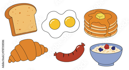 Delicious Breakfast Food Assortment with Toast Pancakes Eggs Croissant Sausage and Oatmeal.
