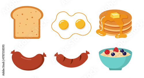 Delicious Breakfast Food Assortment Flat Illustration.