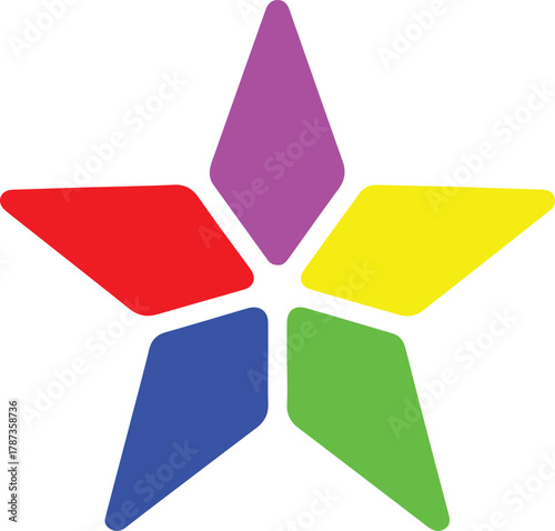 Colorful five point star vector graphic with geometric segments in red blue green yellow and purple colors