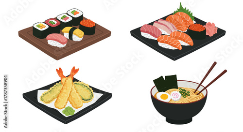 Japanese Food Assortment Sushi Sashimi Tempura Ramen Bowl.
