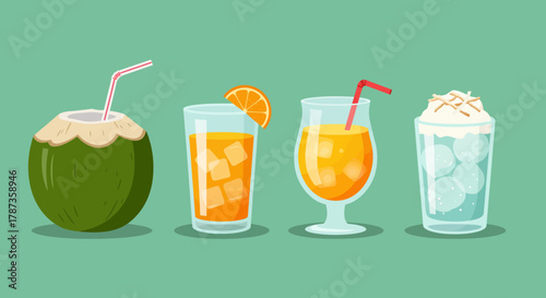 Refreshing Summer Drinks Collection Coconut Juice Orange Juice Cocktail and Frappe.