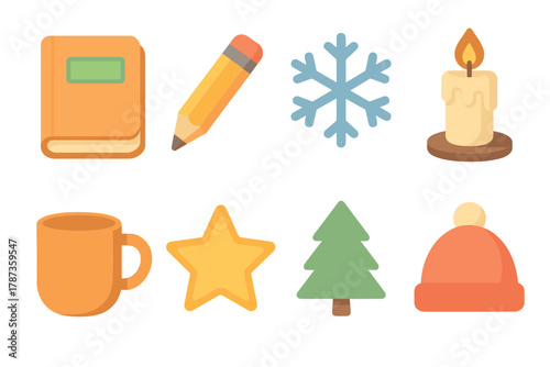 Cozy winter essentials for a warm holiday mood. Set of 6 Christmas vector illustration