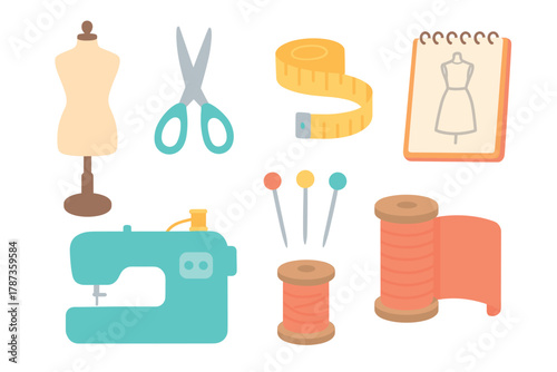 Sewing tools and materials for crafting clothing designs. Set of 6 Christmas vector illustration