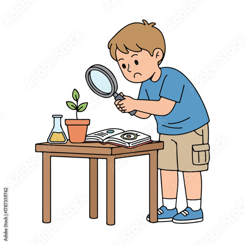 boy is checking plant