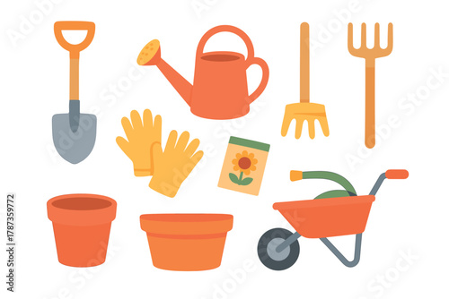 Gardening tools and supplies for outdoor planting activities. Set of 6 Christmas vector illustration